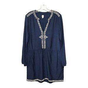 Gap Navy Embroidered Mini Dress, Split Neck, Drawstring Waist, Long Sleeve M